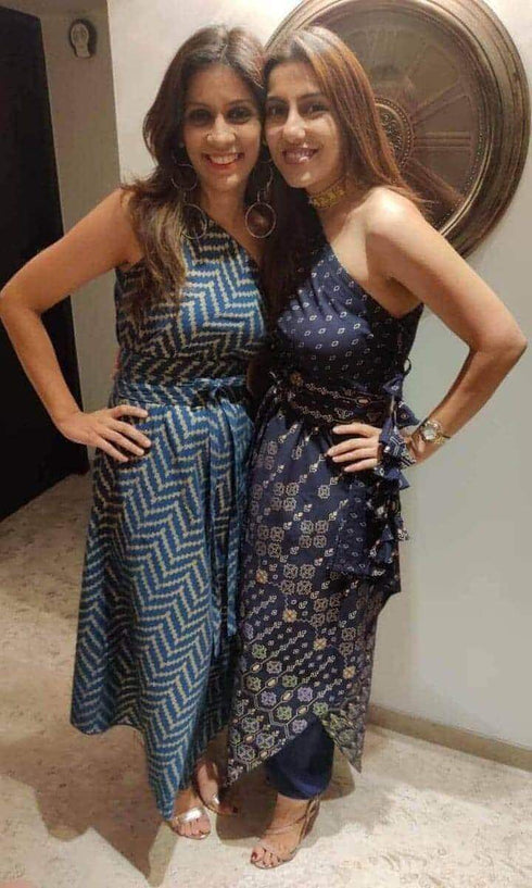 Gold Blue One Sided Kaftan With Belt